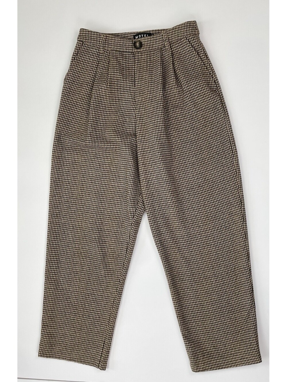 Motel Rocks Misha Houndstooth Trousers Brown Check Pleated Pants Academia